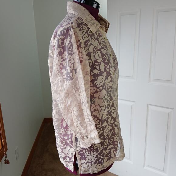 Notations Sheer Tan Floral Mesh Blouse 1X NEEDS REPAIR button down summer cover - Picture 4 of 14
